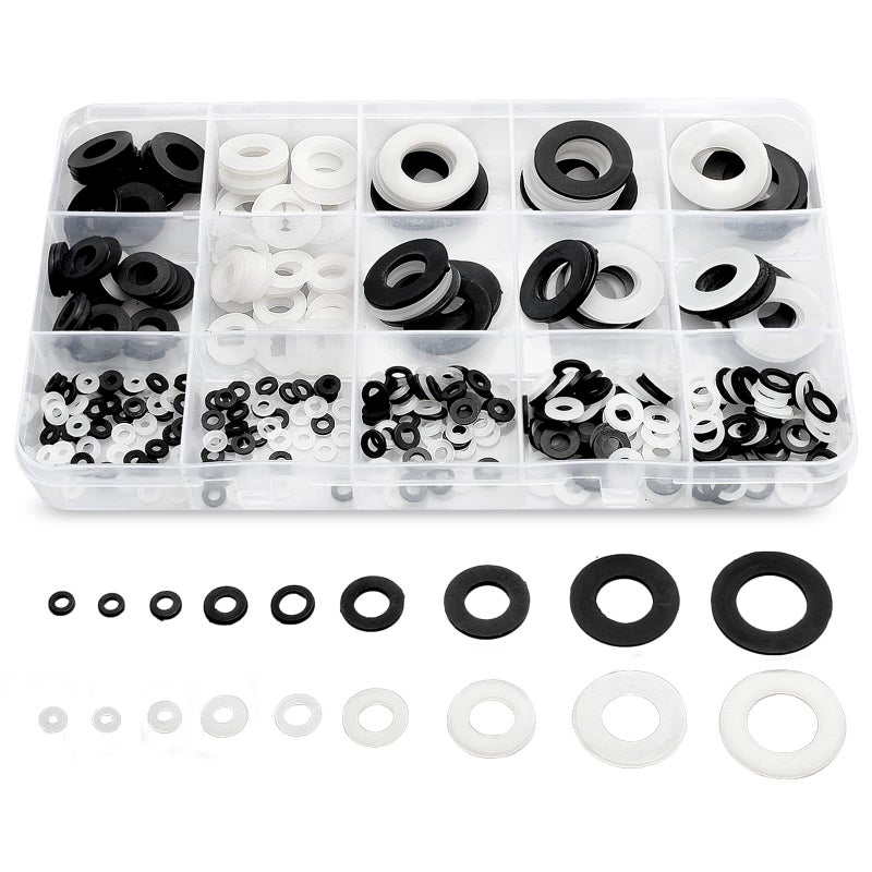 QTEATAK 420 Pcs Black/White Nylon Flat Washers Assortment Kit for M2 M2.5 M3 M4 M5 M6 M8 M10 M12 Screws & Bolt - Image 1
